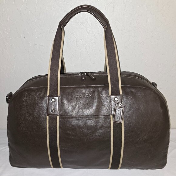 COACH F70561 Heritage Logo Large 22" Dark Brown Web & Leather Boston Duffel Bag - Picture 2 of 12
